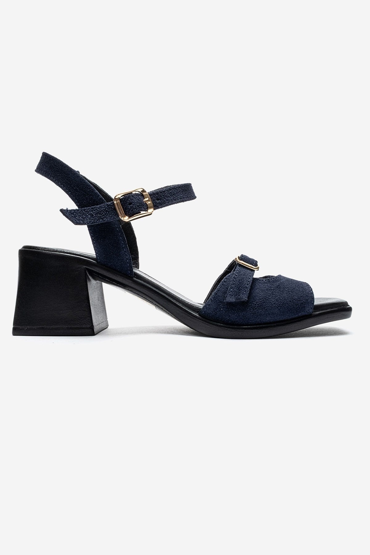 YOLEN - Navy Genuine Leather Block Heel Sandal – heel view showing leather, suede, Vowalisse