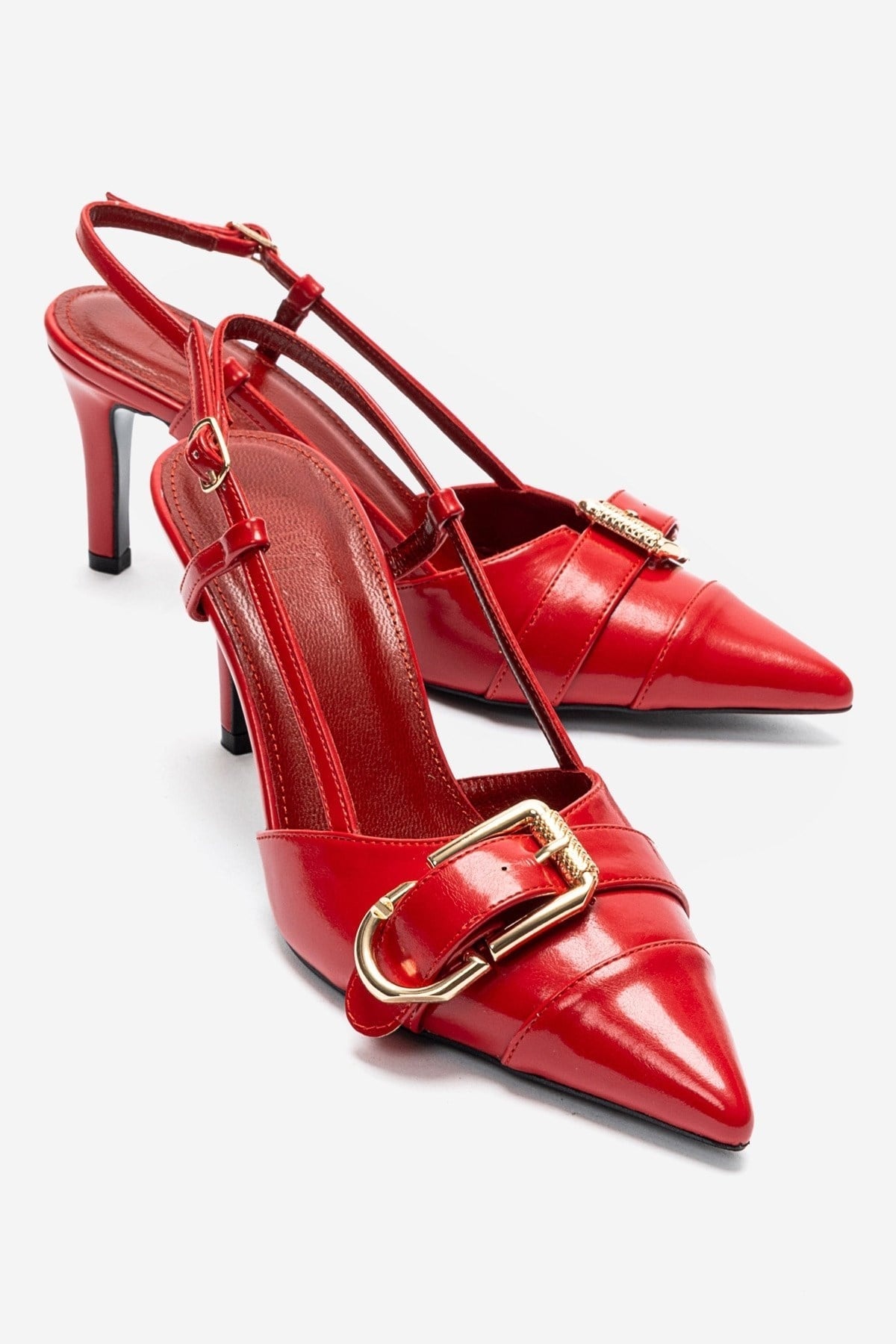 NOEN - Red Buckled Pointed Toe Stiletto Pump – front three-quarter view showing leather, red, Vowalisse