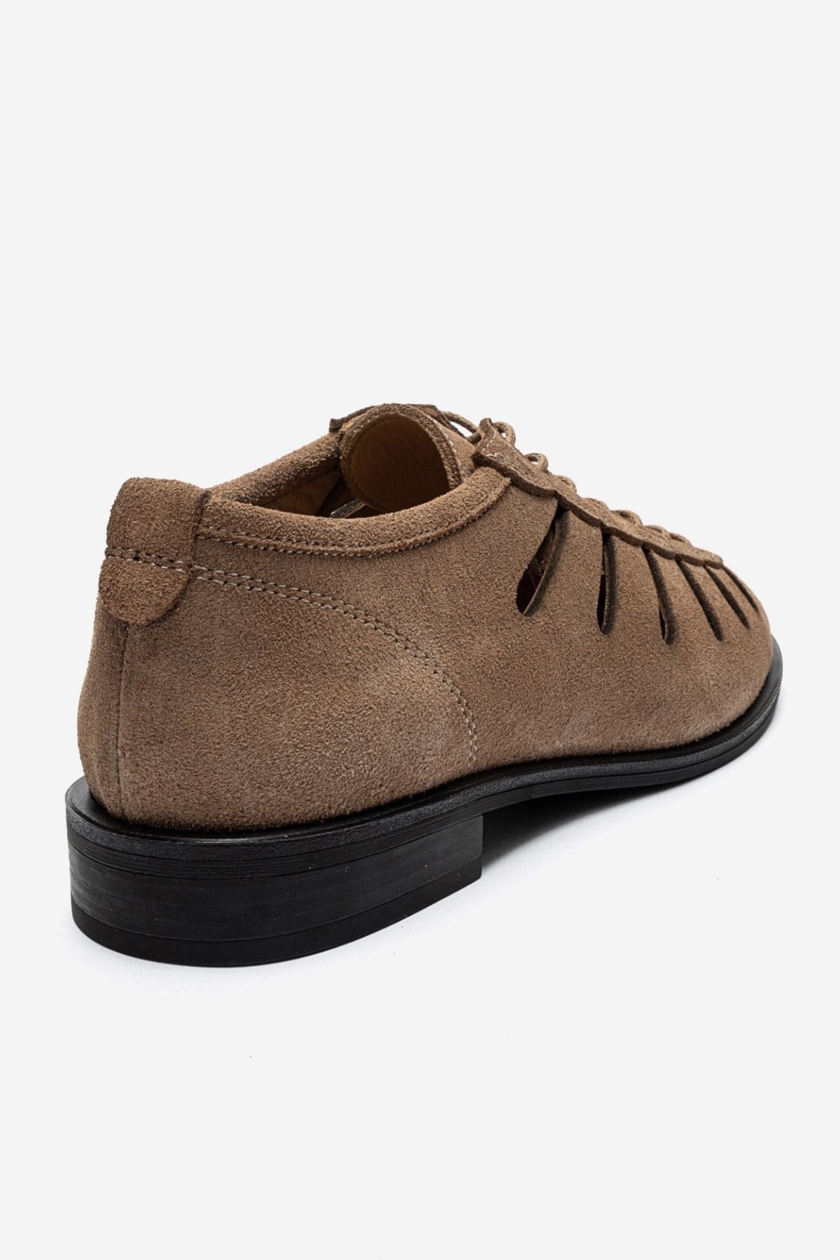 ASTRON - Taupe Genuine Suede Leather Casual Lace-Up Shoe – back view showing lace, leather, suede, Vowalisse