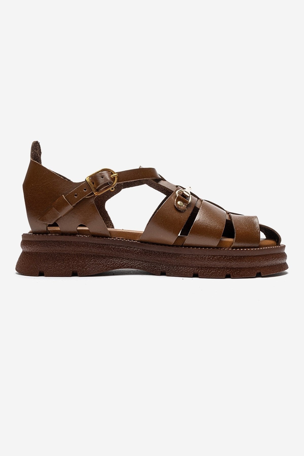 RIELA - Cognac Genuine Leather Buckled Sandal – heel view showing leather, Vowalisse