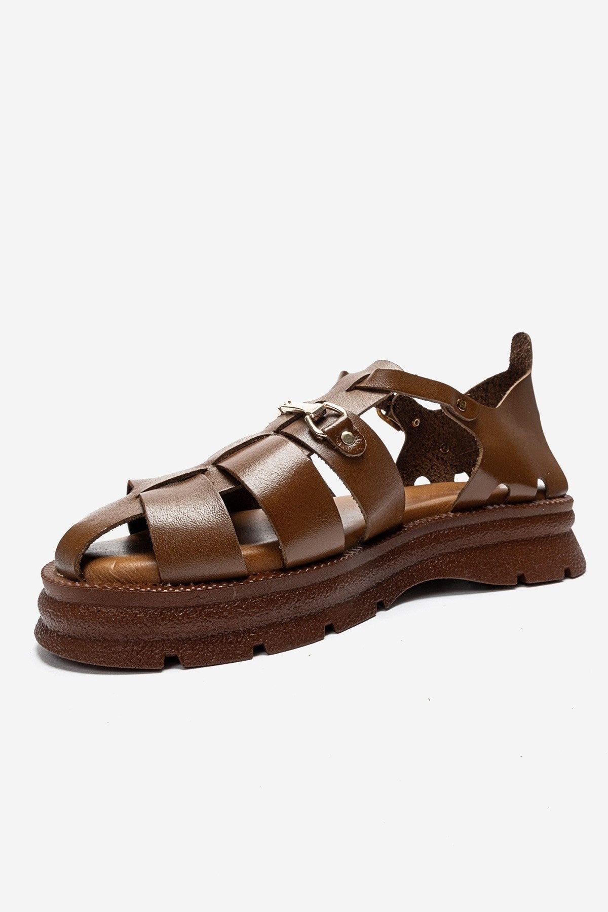 RIELA - Cognac Genuine Leather Buckled Sandal – top view showing leather, Vowalisse