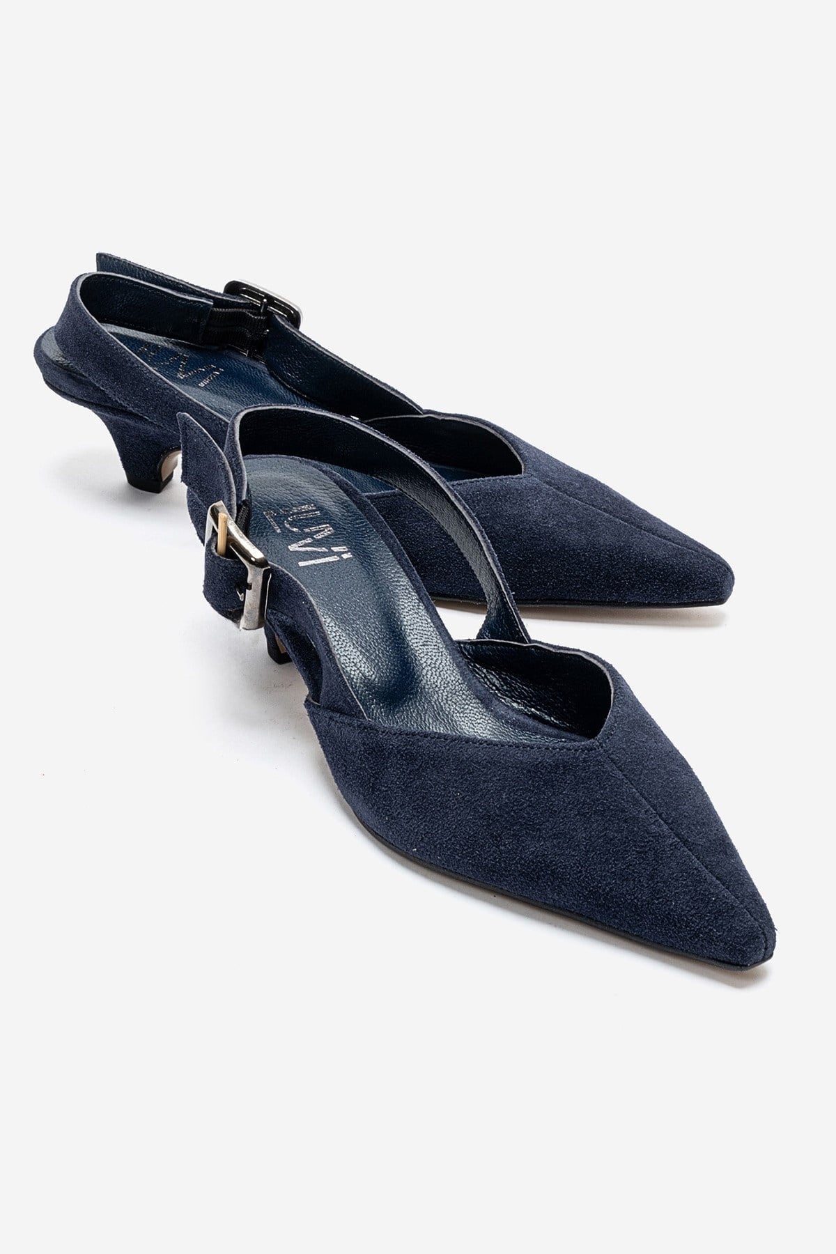 DIORIS - Navy Suede Genuine Leather Kitten Heel Slingback Pump – front three-quarter view showing leather, suede, Vowalisse
