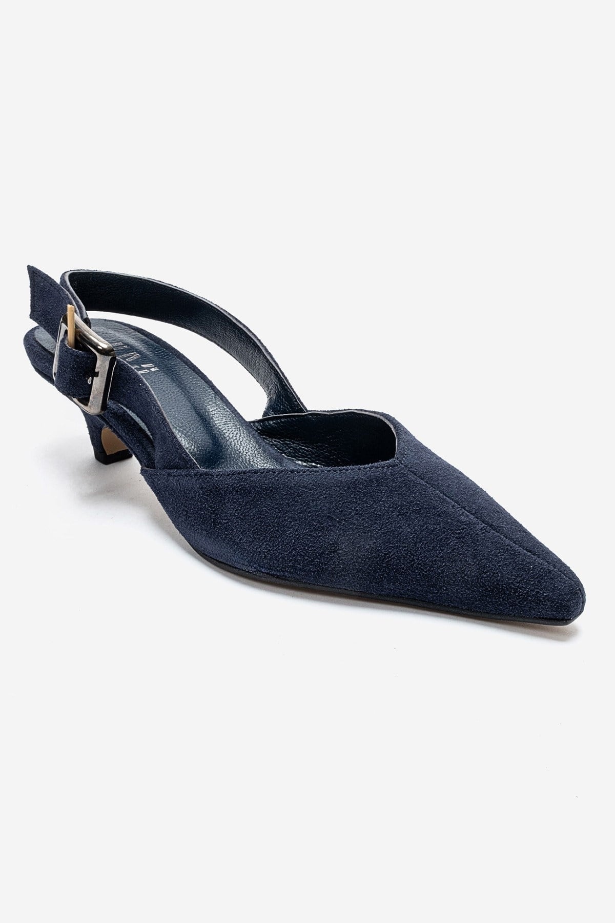 DIORIS - Navy Suede Genuine Leather Kitten Heel Slingback Pump – detail view showing leather, suede, Vowalisse