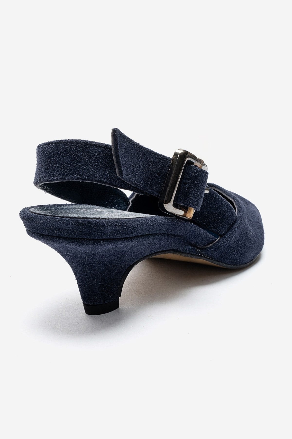 DIORIS - Navy Suede Genuine Leather Kitten Heel Slingback Pump – back view showing leather, suede, Vowalisse