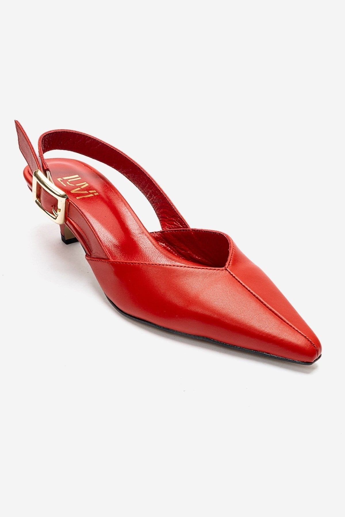 DIORIS - Red Genuine Leather Kitten Heel Pump – detail view showing leather, red, Vowalisse