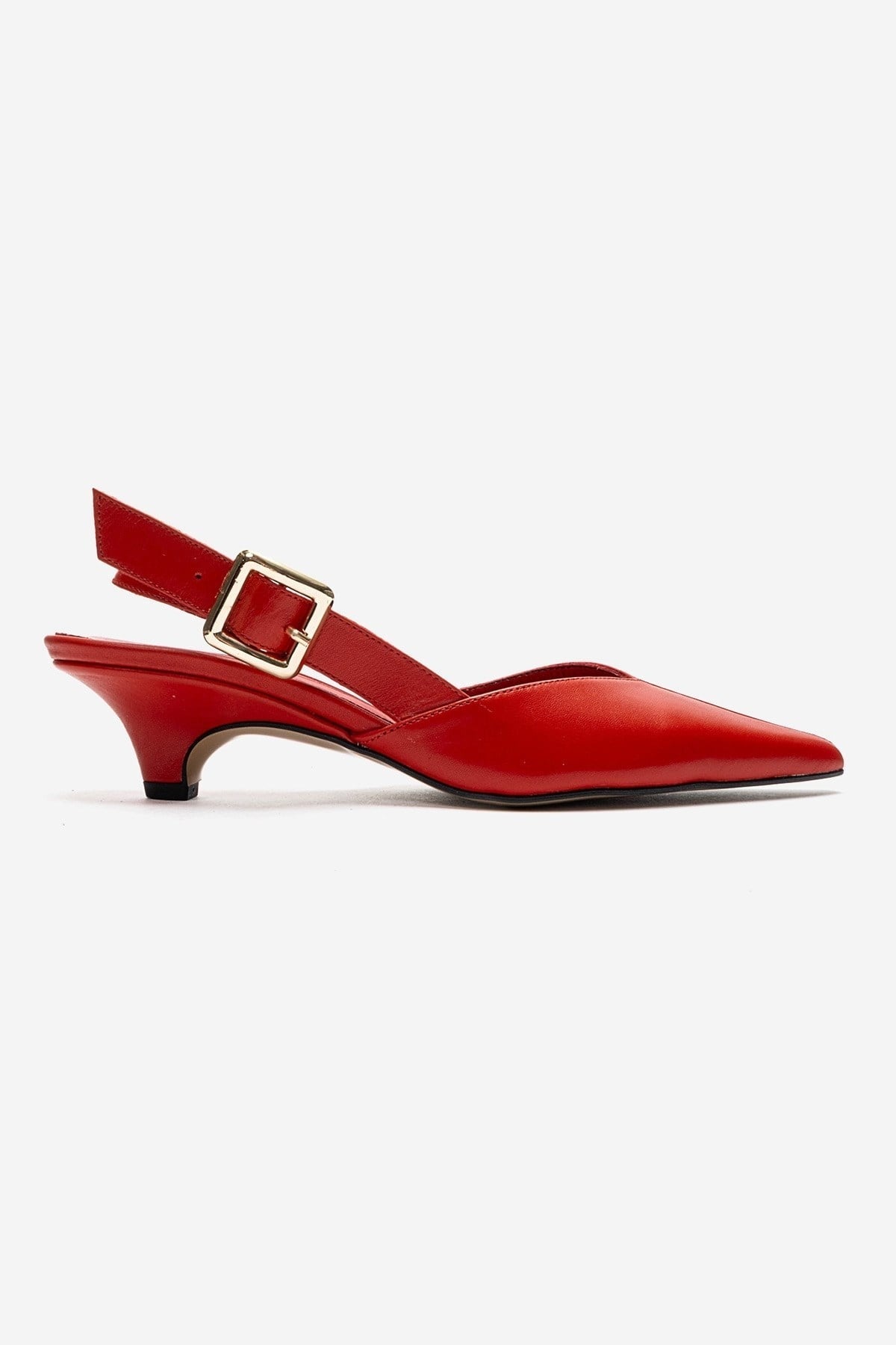 DIORIS - Red Genuine Leather Kitten Heel Pump – heel view showing leather, red, Vowalisse