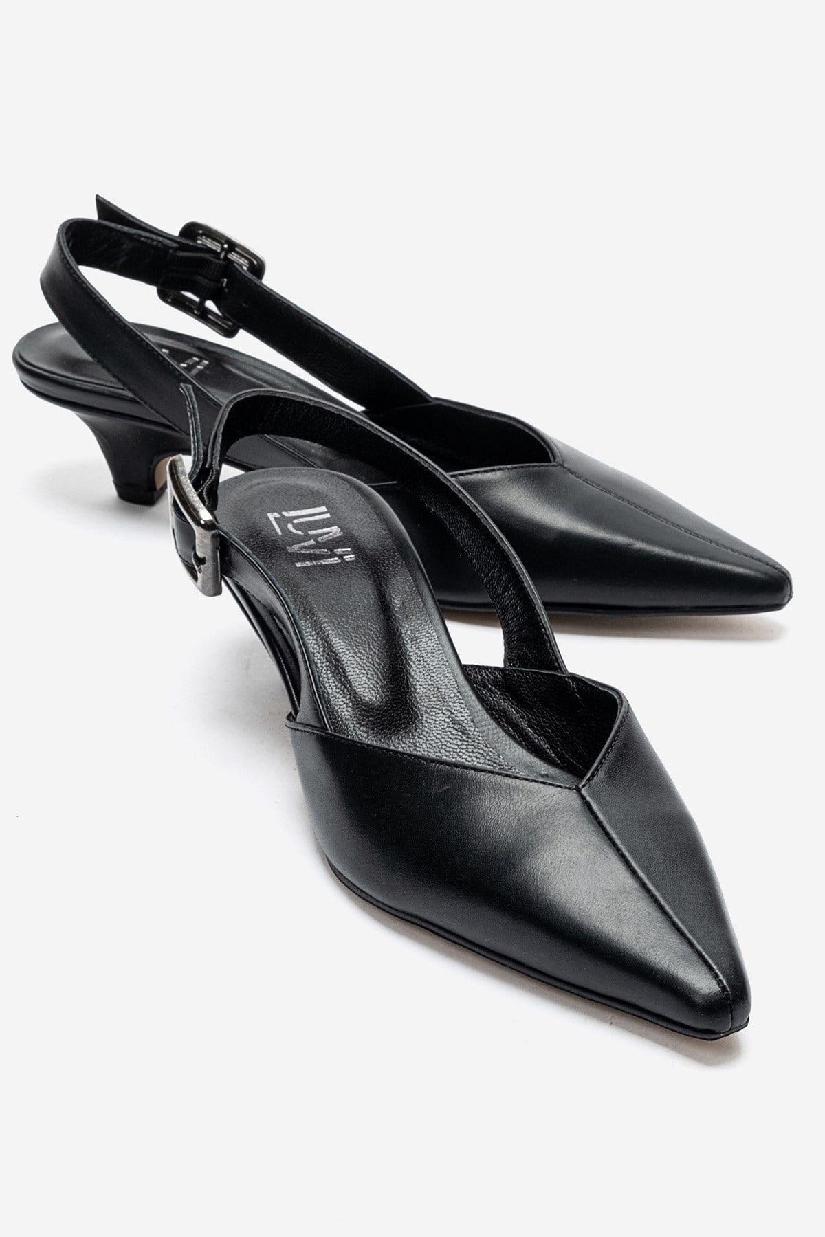 DIORIS - Black Genuine Leather Kitten Heel Pump – front three-quarter view showing leather, black, Vowalisse
