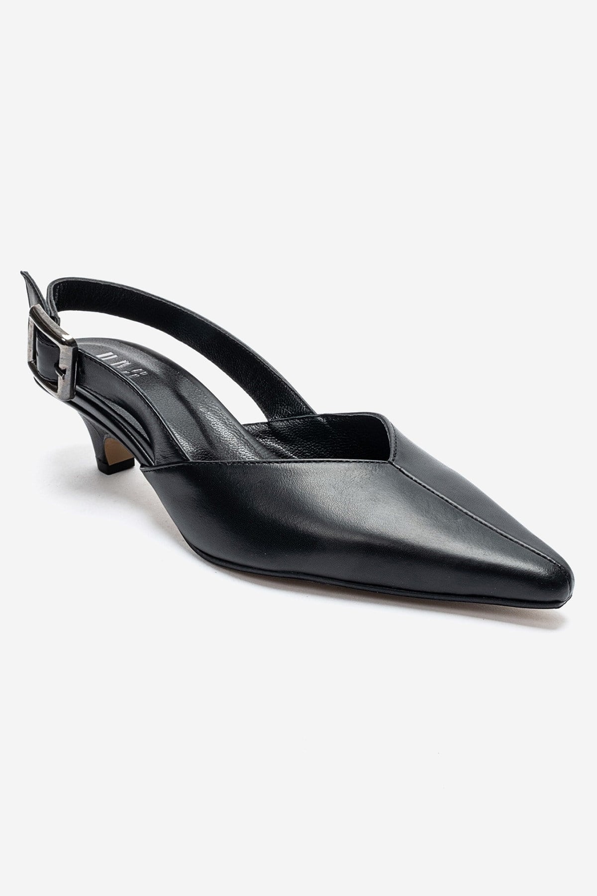 DIORIS - Black Genuine Leather Kitten Heel Pump – detail view showing leather, black, Vowalisse
