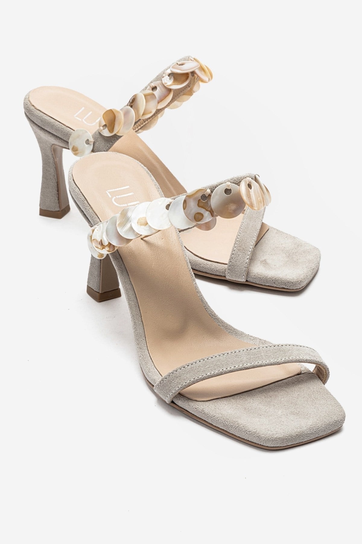 ARUND - Beige Genuine Leather Slim-Heeled Mule – front three-quarter view showing leather, suede, Vowalisse