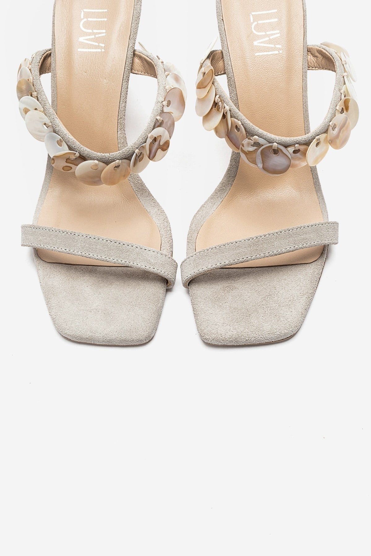 ARUND - Beige Genuine Leather Slim-Heeled Mule – side view showing leather, suede, Vowalisse