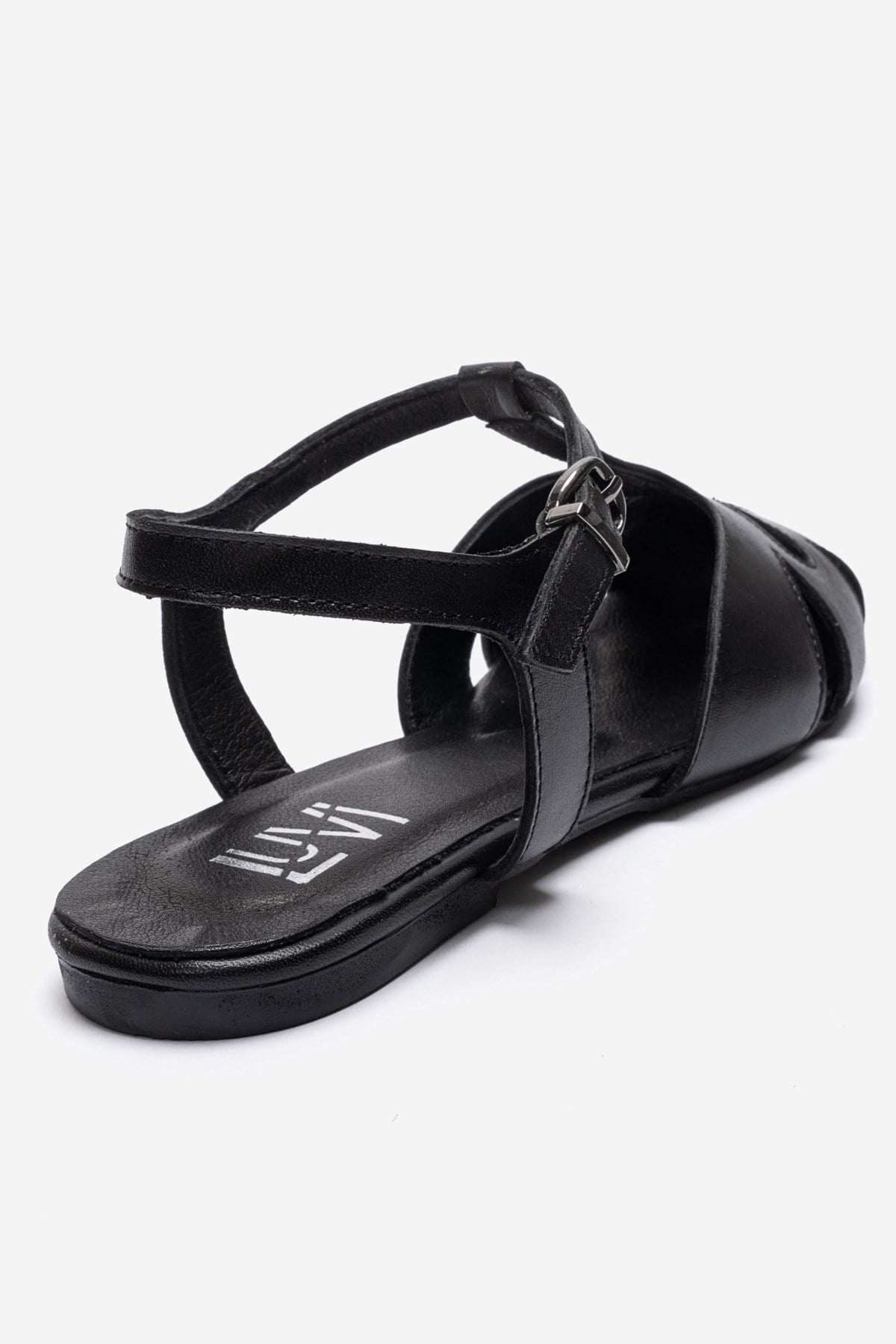 NATHALIE - Black Genuine Leather Ankle-Strap Flat Sandal – back view showing leather, black, Vowalisse