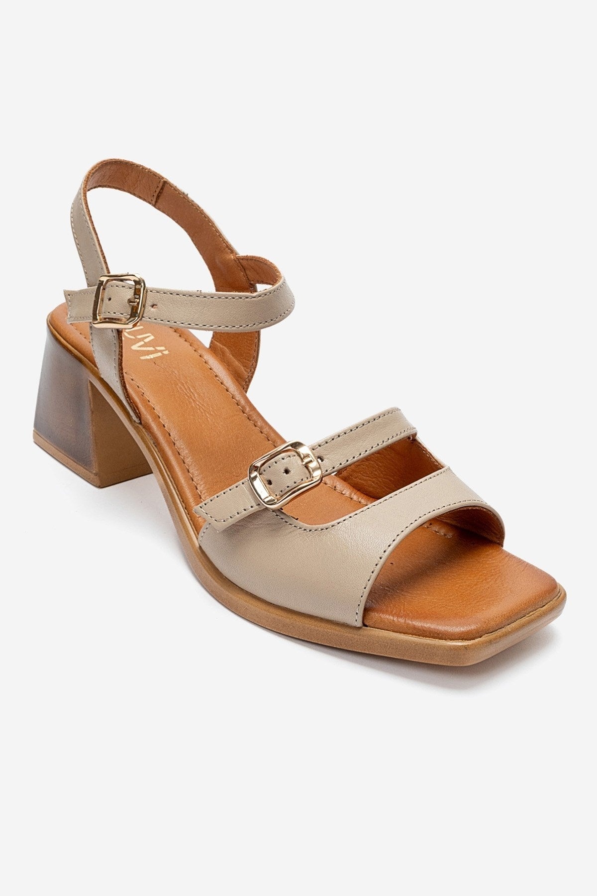 Yolen - Beige Genuine Leather Block Heel Sandal – detail view showing leather, Vowalisse