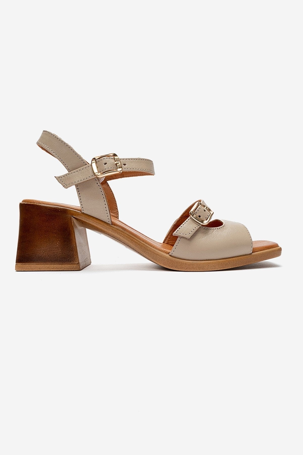 Yolen - Beige Genuine Leather Block Heel Sandal – heel view showing leather, Vowalisse