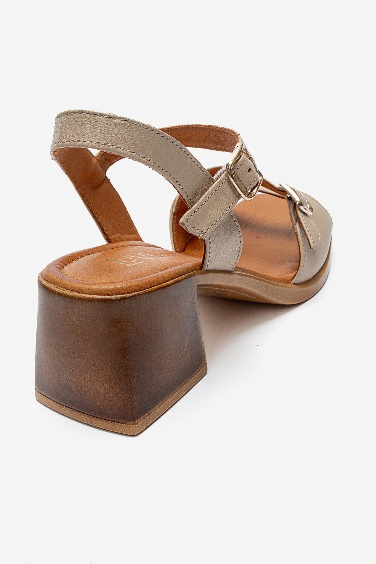 Yolen - Beige Genuine Leather Block Heel Sandal – back view showing leather, Vowalisse