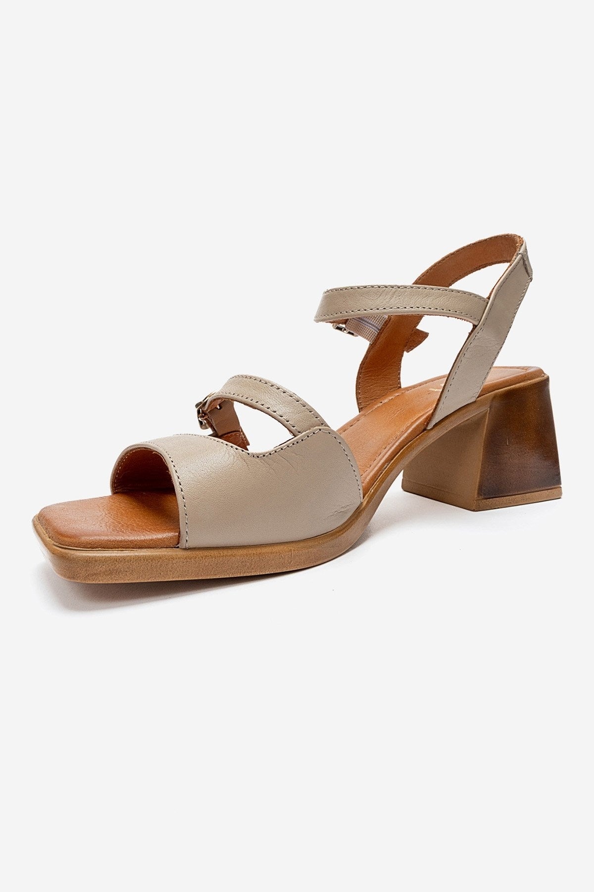 Yolen - Beige Genuine Leather Block Heel Sandal – top view showing leather, Vowalisse