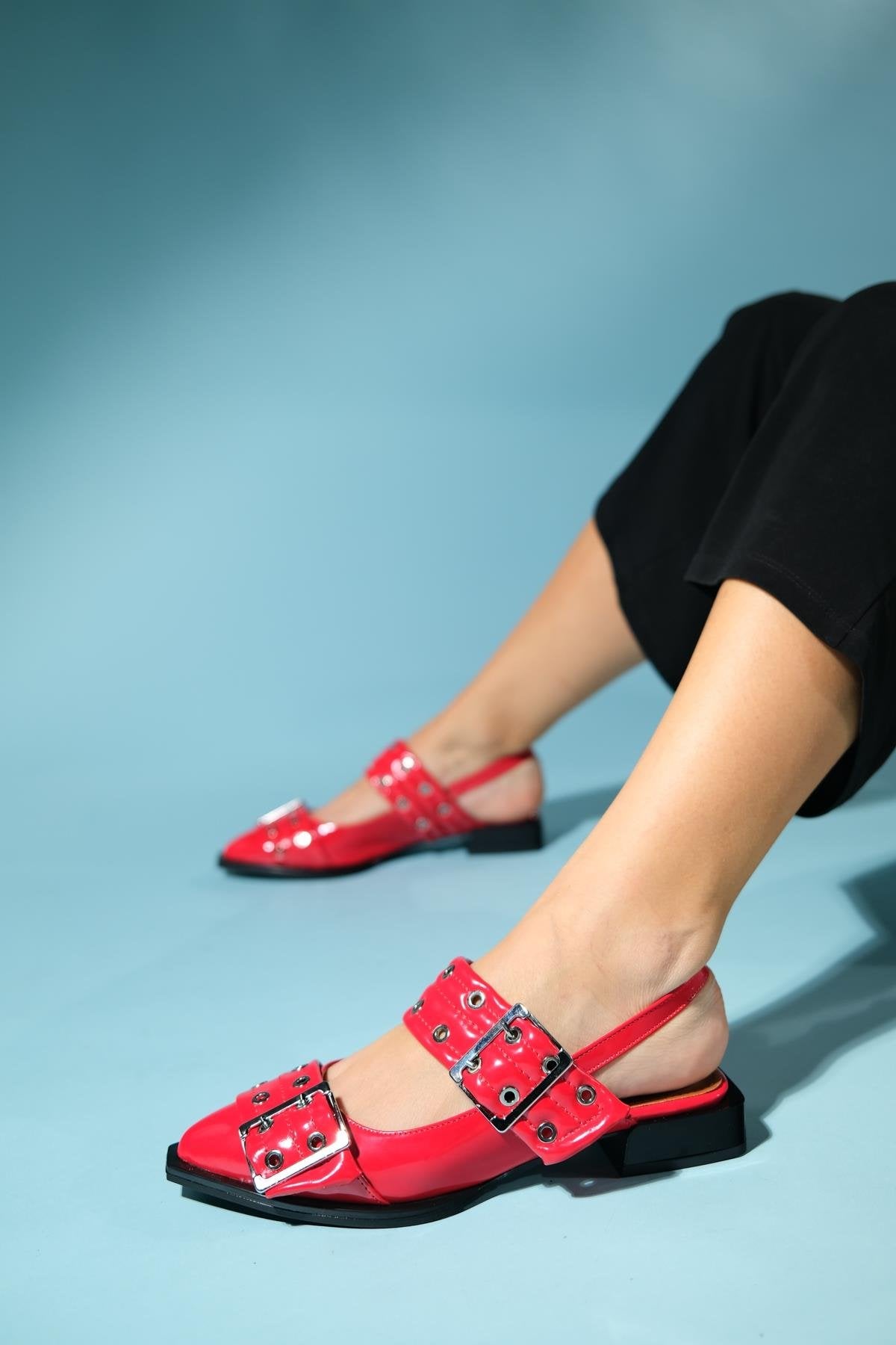 Paloma - Red Patent Silver Buckle Sandal – detail view showing leather, silver, red, Vowalisse