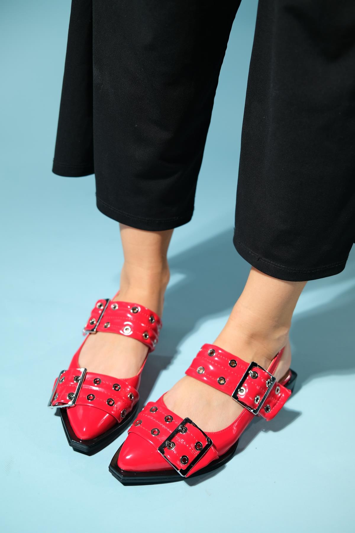 Paloma - Red Patent Silver Buckle Sandal – heel view showing leather, silver, red, Vowalisse