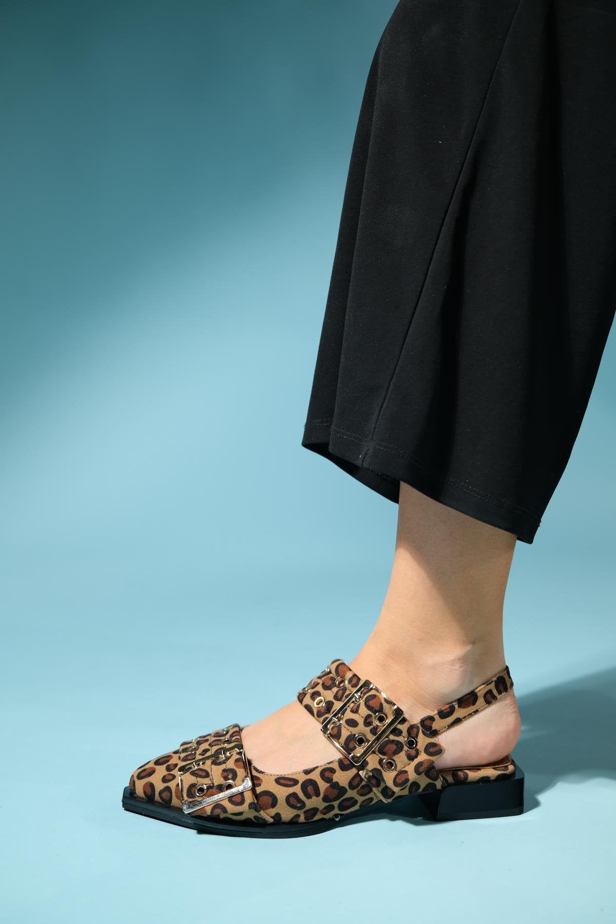 Paloma - Black Yellow Patterned Gold Buckle Sandal – back view showing leather, black, gold, Vowalisse