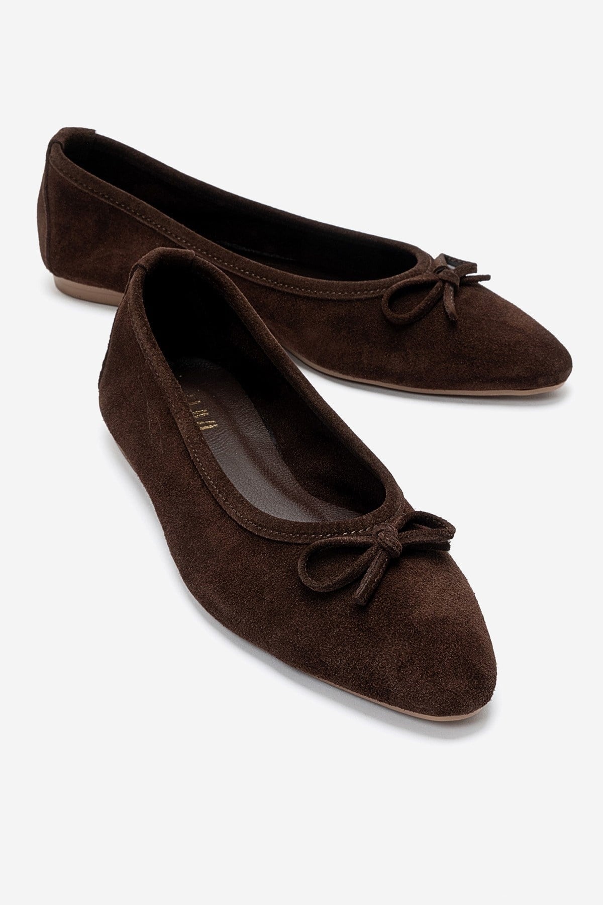 UMIEL - Brown Genuine Leather Bow Ballet Flat – front three-quarter view showing bow, leather, suede, Vowalisse