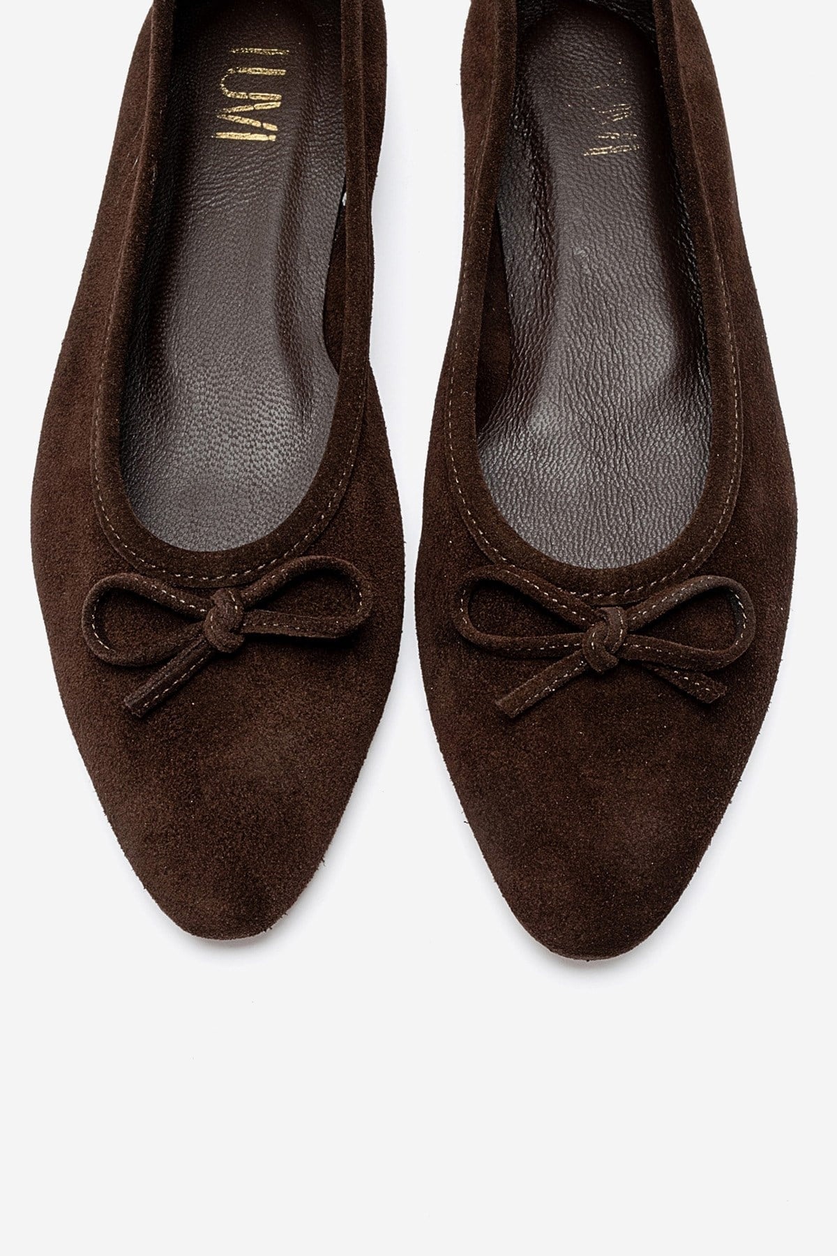 UMIEL - Brown Genuine Leather Bow Ballet Flat – side view showing bow, leather, suede, Vowalisse