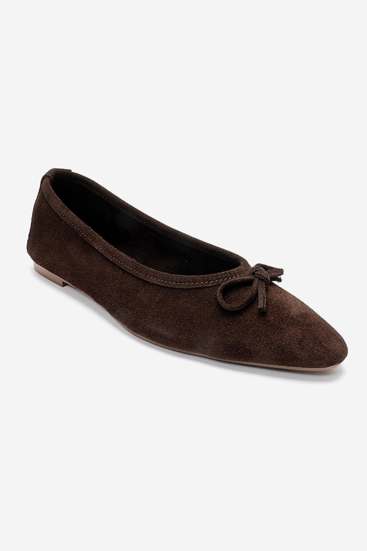 UMIEL - Brown Genuine Leather Bow Ballet Flat – detail view showing bow, leather, suede, Vowalisse