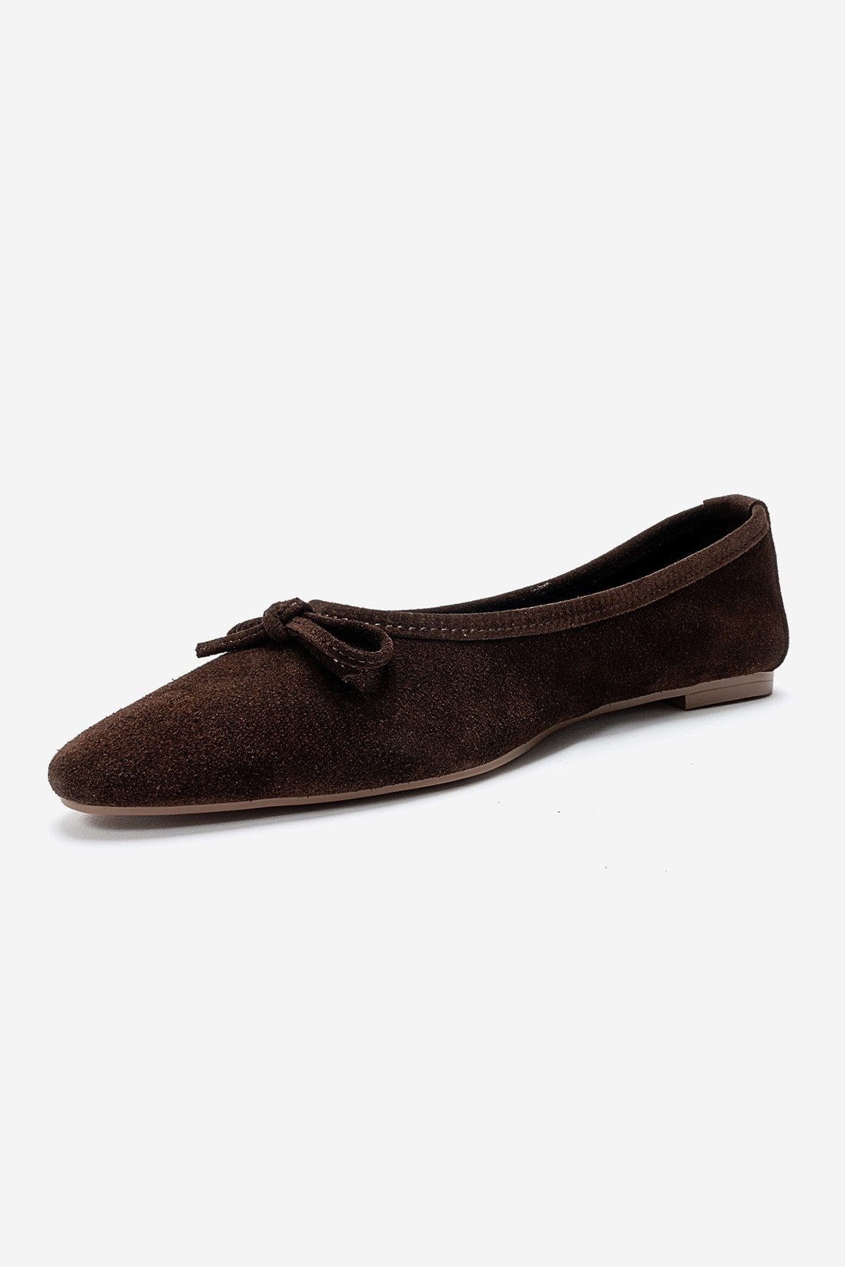 UMIEL - Brown Genuine Leather Bow Ballet Flat – top view showing bow, leather, suede, Vowalisse