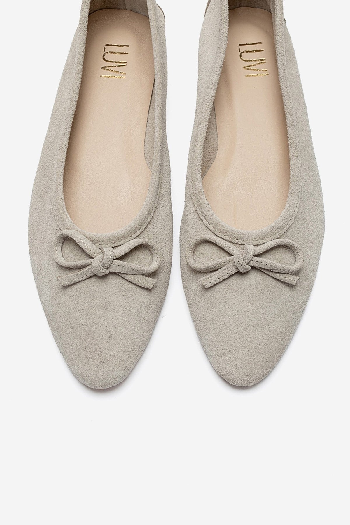 UMIEL - Beige Genuine Leather Bow Ballet Flat – side view showing bow, leather, suede, Vowalisse