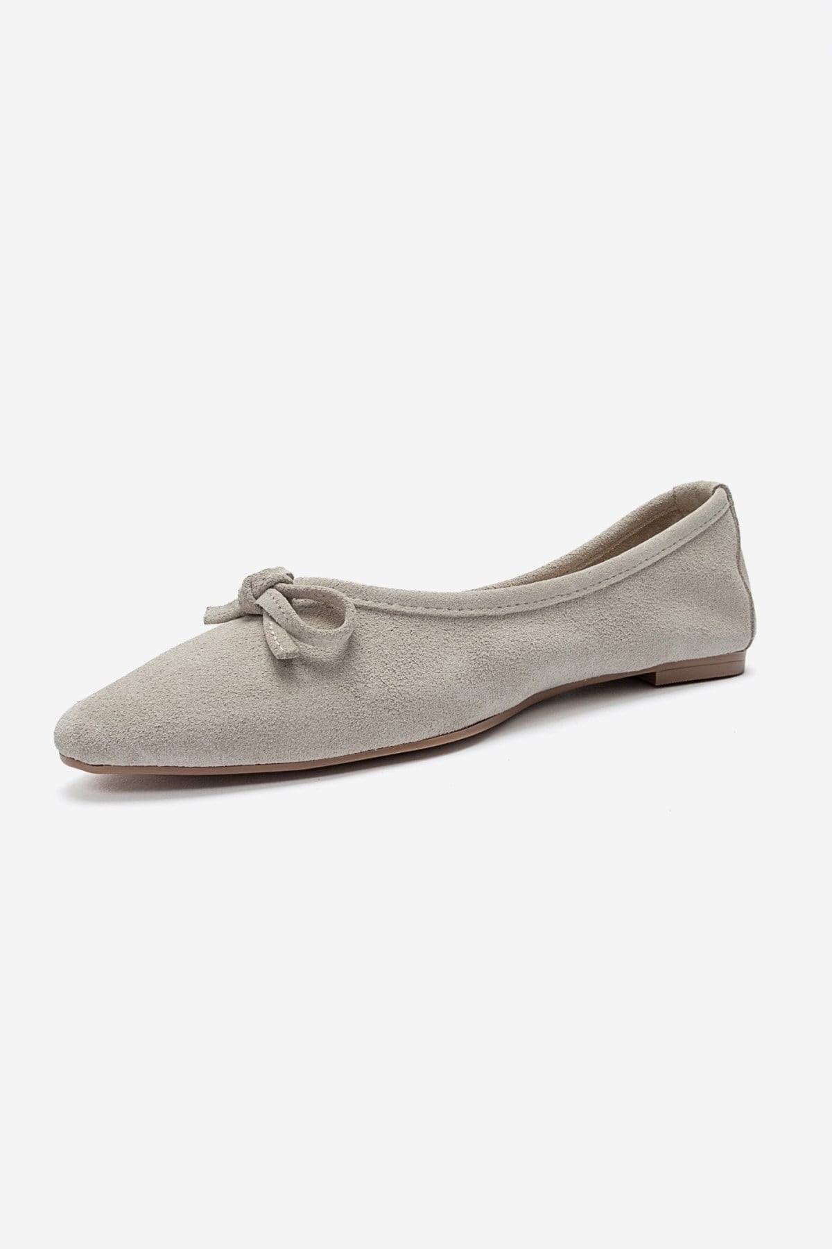 UMIEL - Beige Genuine Leather Bow Ballet Flat – top view showing bow, leather, suede, Vowalisse