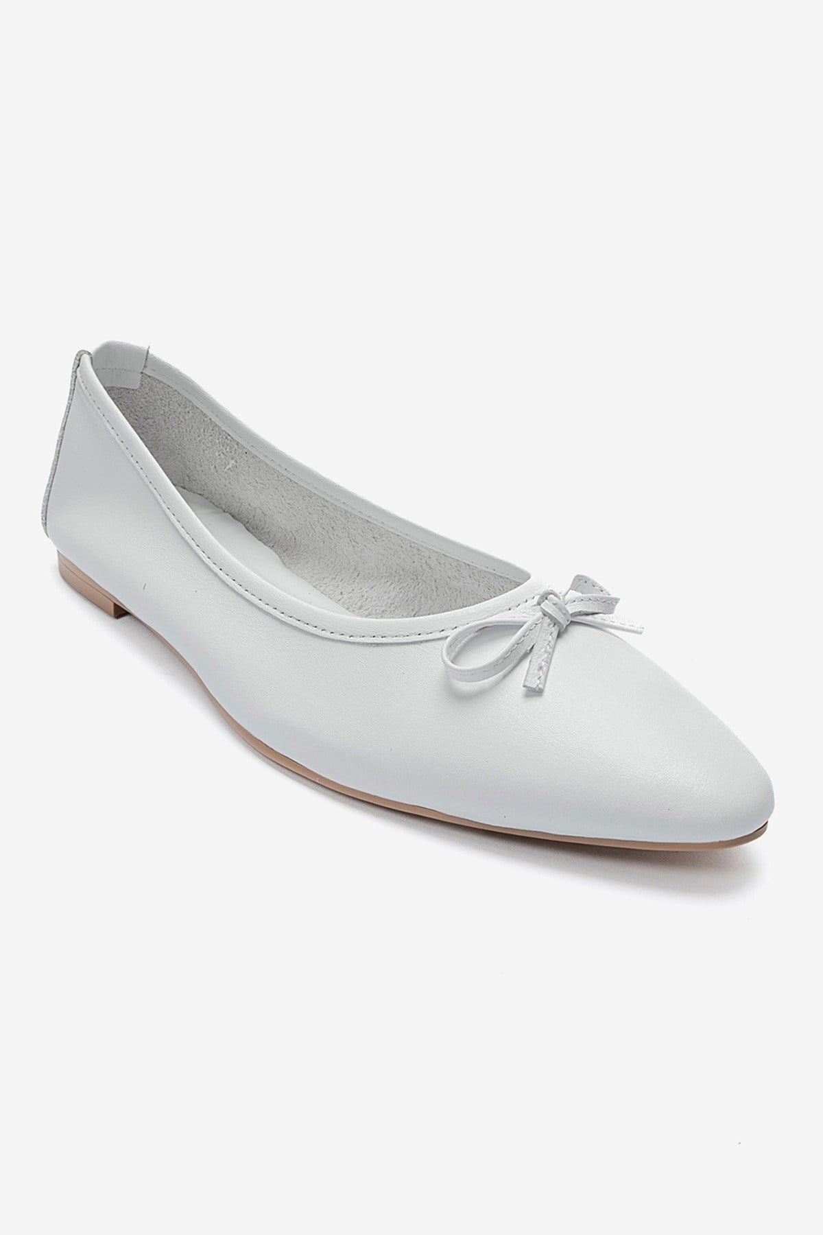 UMIEL - White Genuine Leather Bow Ballet Flat – detail view showing bow, leather, white, Vowalisse