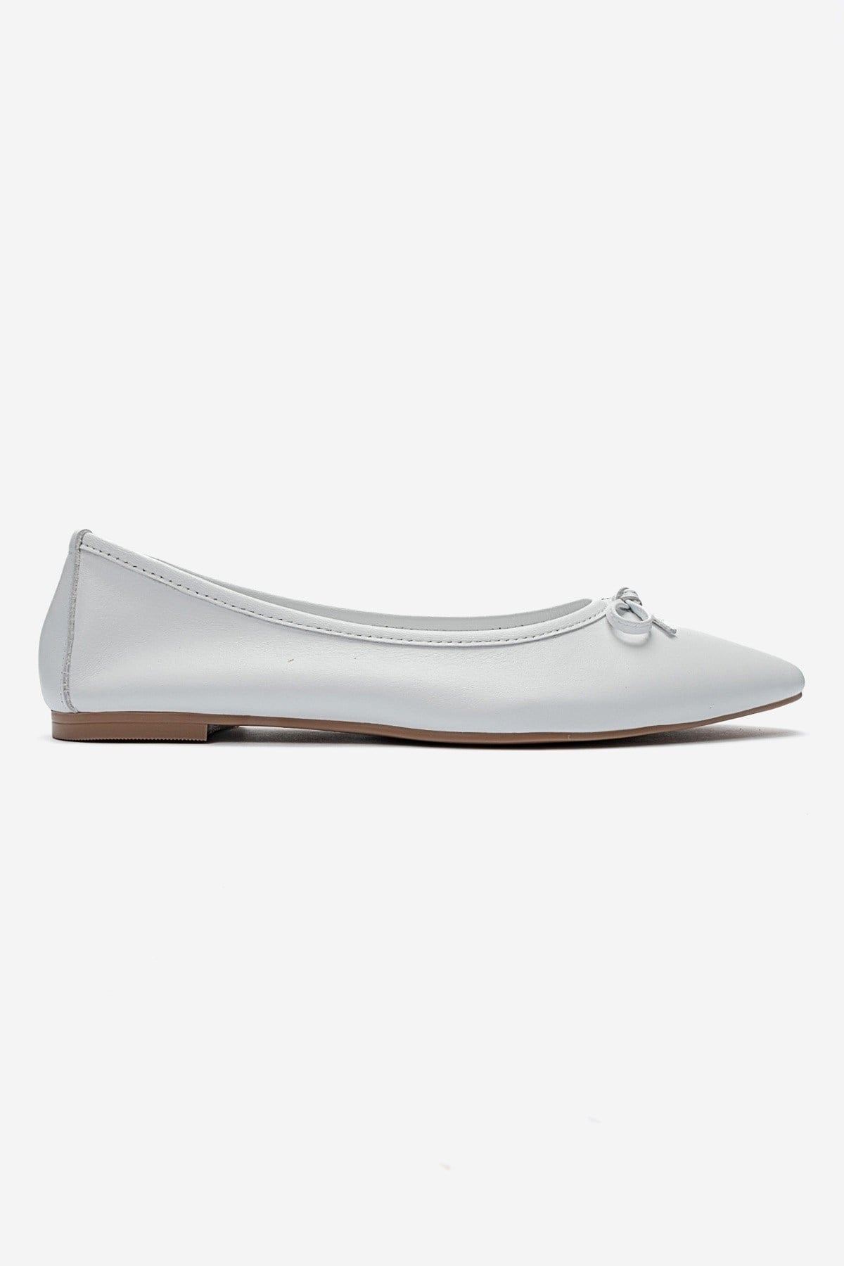 UMIEL - White Genuine Leather Bow Ballet Flat – heel view showing bow, leather, white, Vowalisse