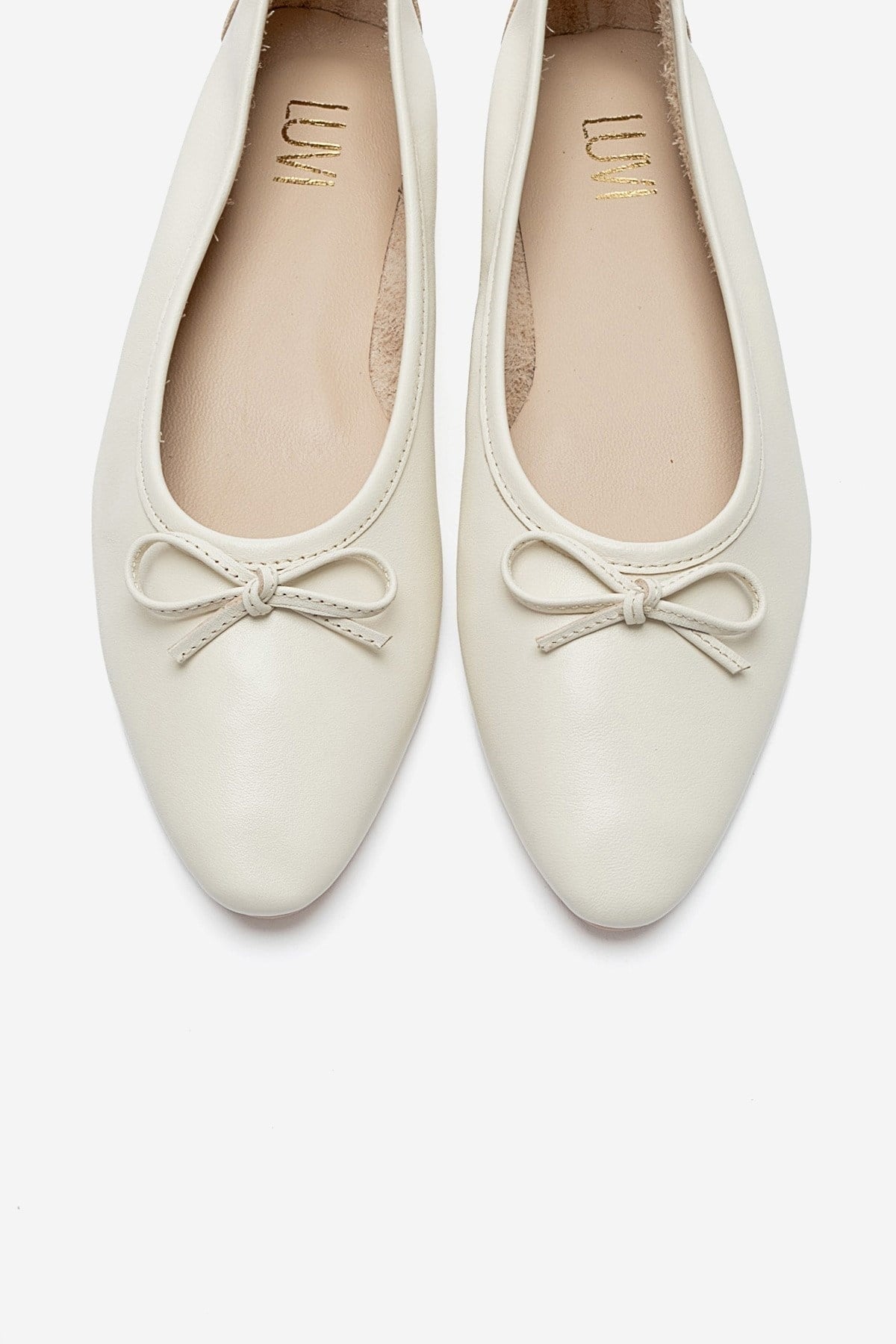 UMIEL - Off-White Genuine Leather Bow Ballet Flat – side view showing bow, leather, white, Vowalisse