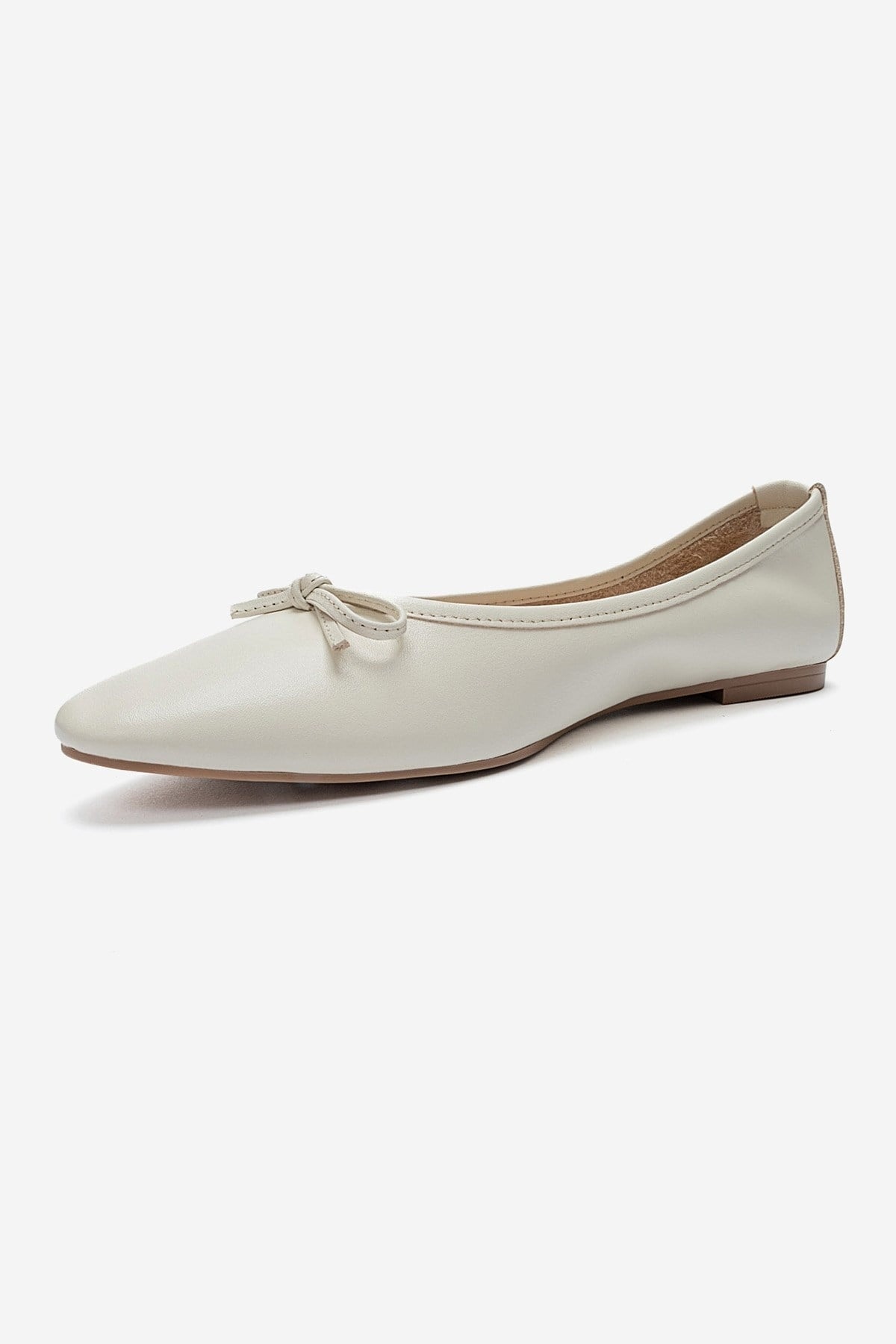UMIEL - Off-White Genuine Leather Bow Ballet Flat – top view showing bow, leather, white, Vowalisse