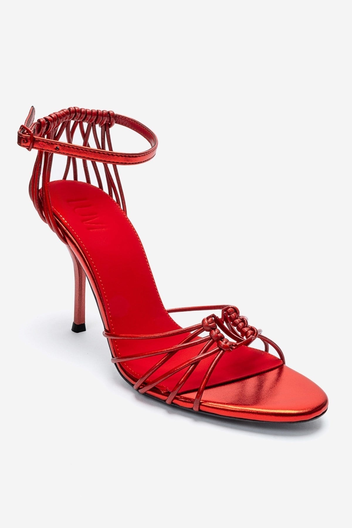 ARONA - Red Stiletto Pump – detail view showing leather, red, Vowalisse