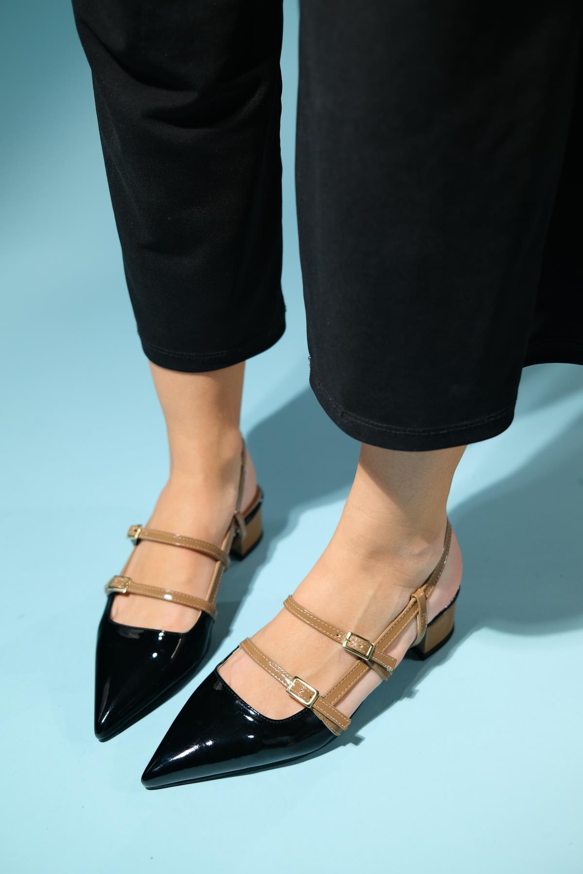 Cenova - Black-Brown Heeled Sandal – side view showing leather, black, Vowalisse