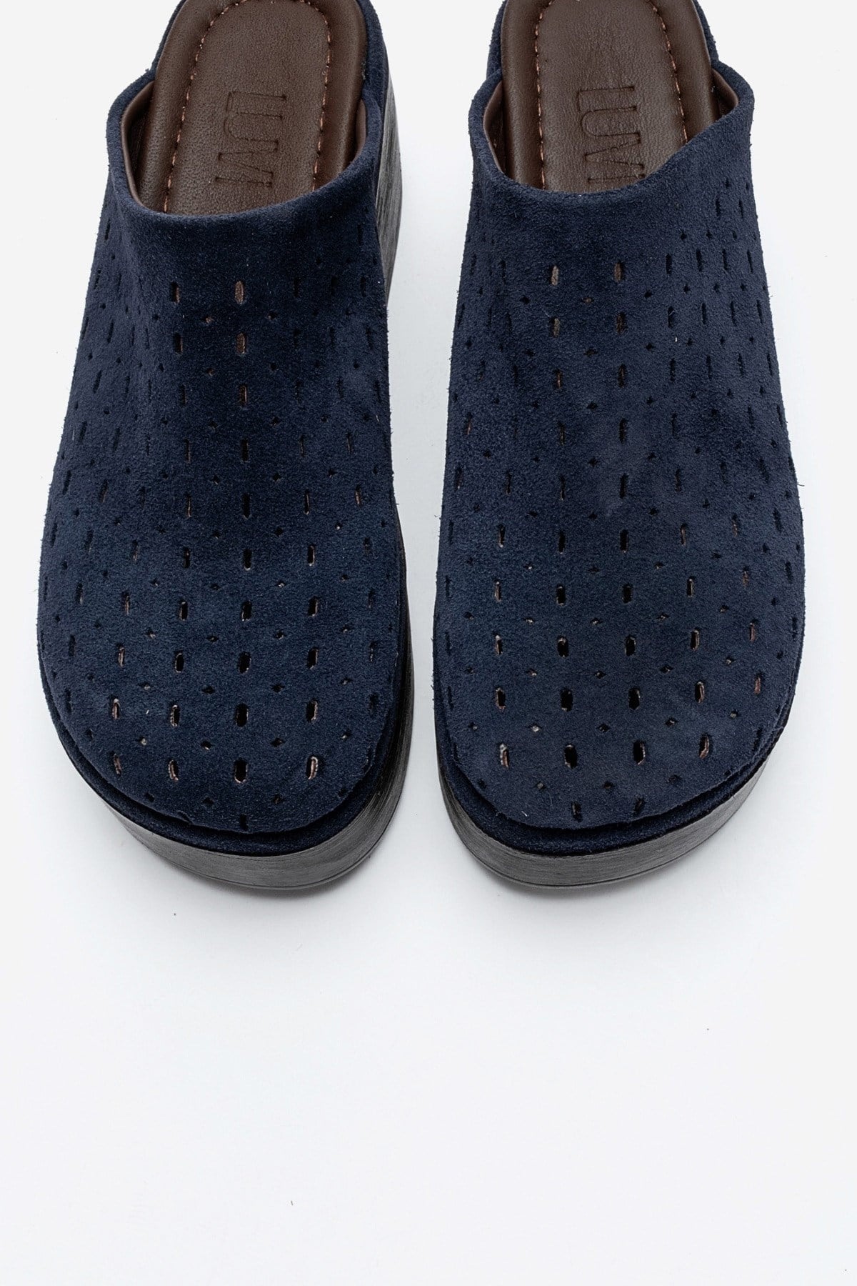 Lune - Navy Genuine Leather Platform Mule – side view showing leather, suede, Vowalisse