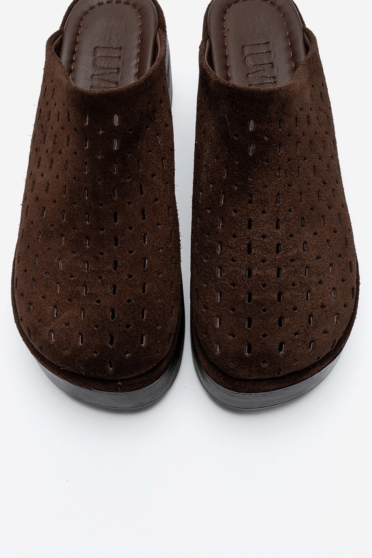 Lune - Brown Genuine Leather Platform Mule – side view showing leather, suede, Vowalisse