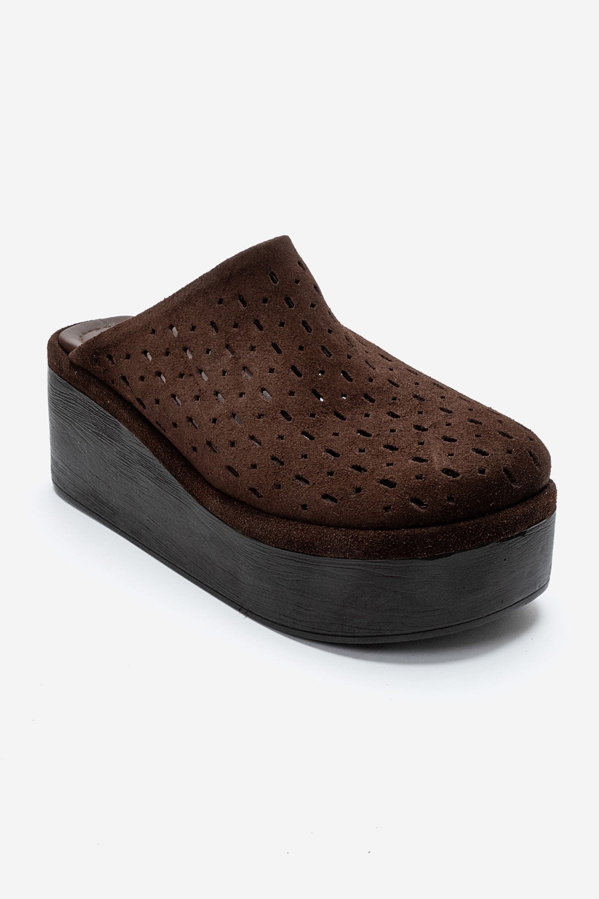 Lune - Brown Genuine Leather Platform Mule – detail view showing leather, suede, Vowalisse