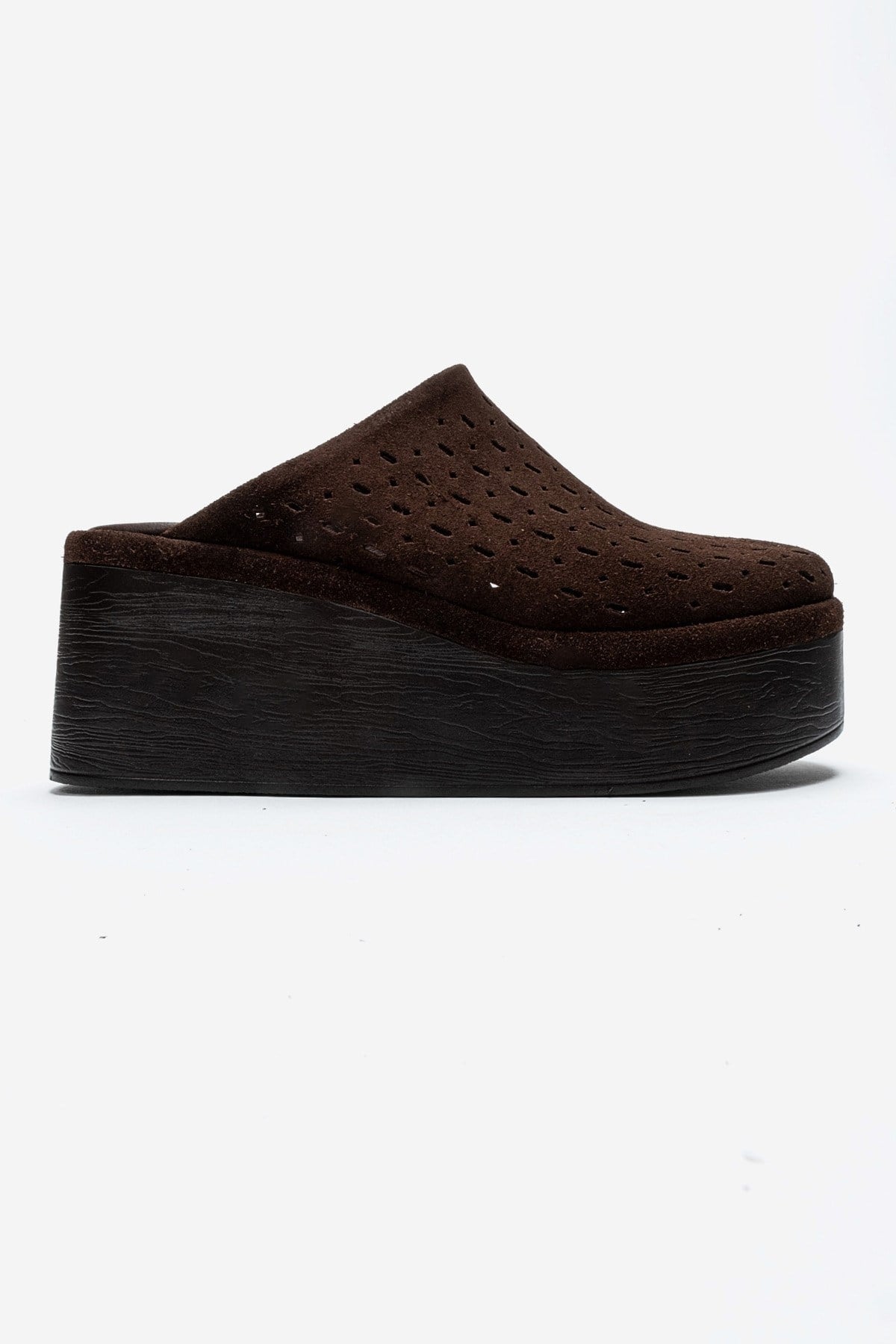 Lune - Brown Genuine Leather Platform Mule – heel view showing leather, suede, Vowalisse