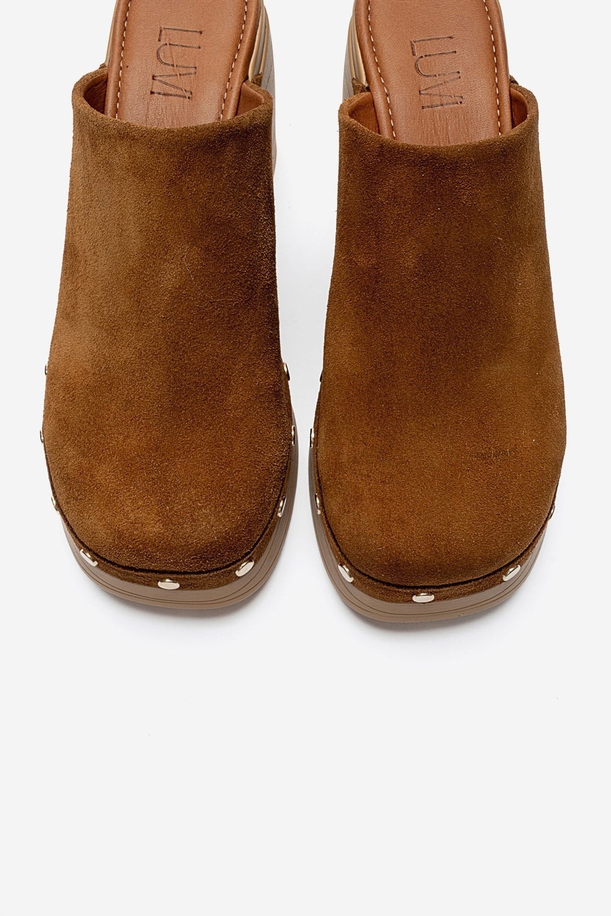 BELLUNE - Camel Genuine Leather Platform Block Heel Mule – side view showing leather, suede, Vowalisse