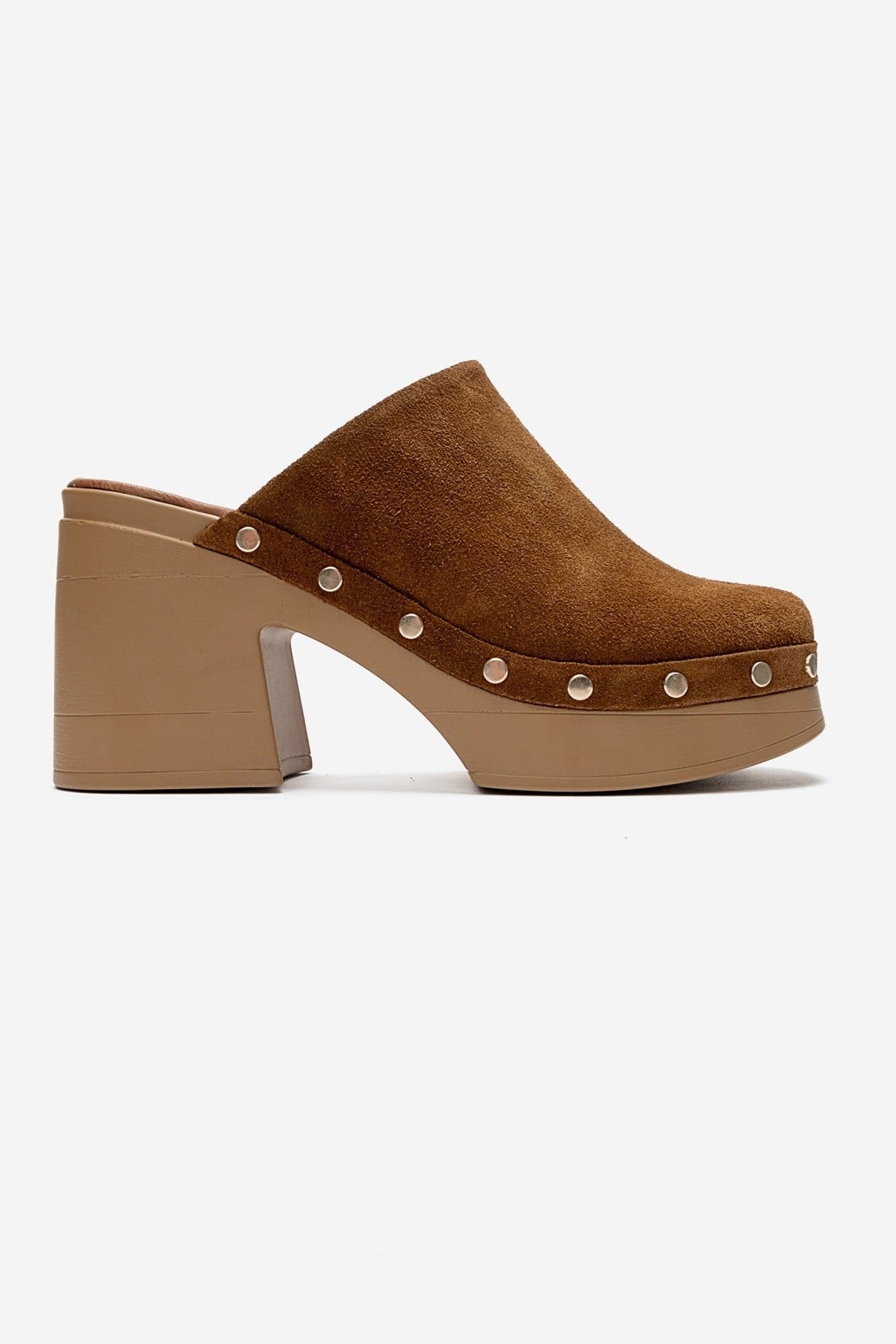 BELLUNE - Camel Genuine Leather Platform Block Heel Mule – detail view showing leather, suede, Vowalisse