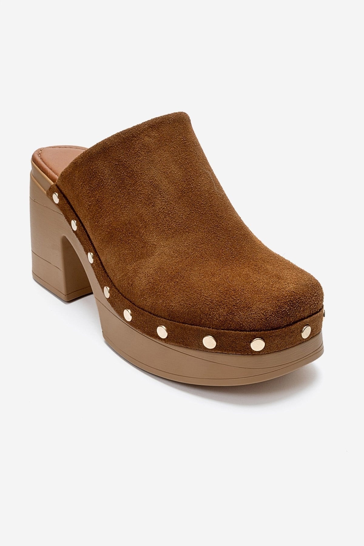 BELLUNE - Camel Genuine Leather Platform Block Heel Mule – back view showing leather, suede, Vowalisse