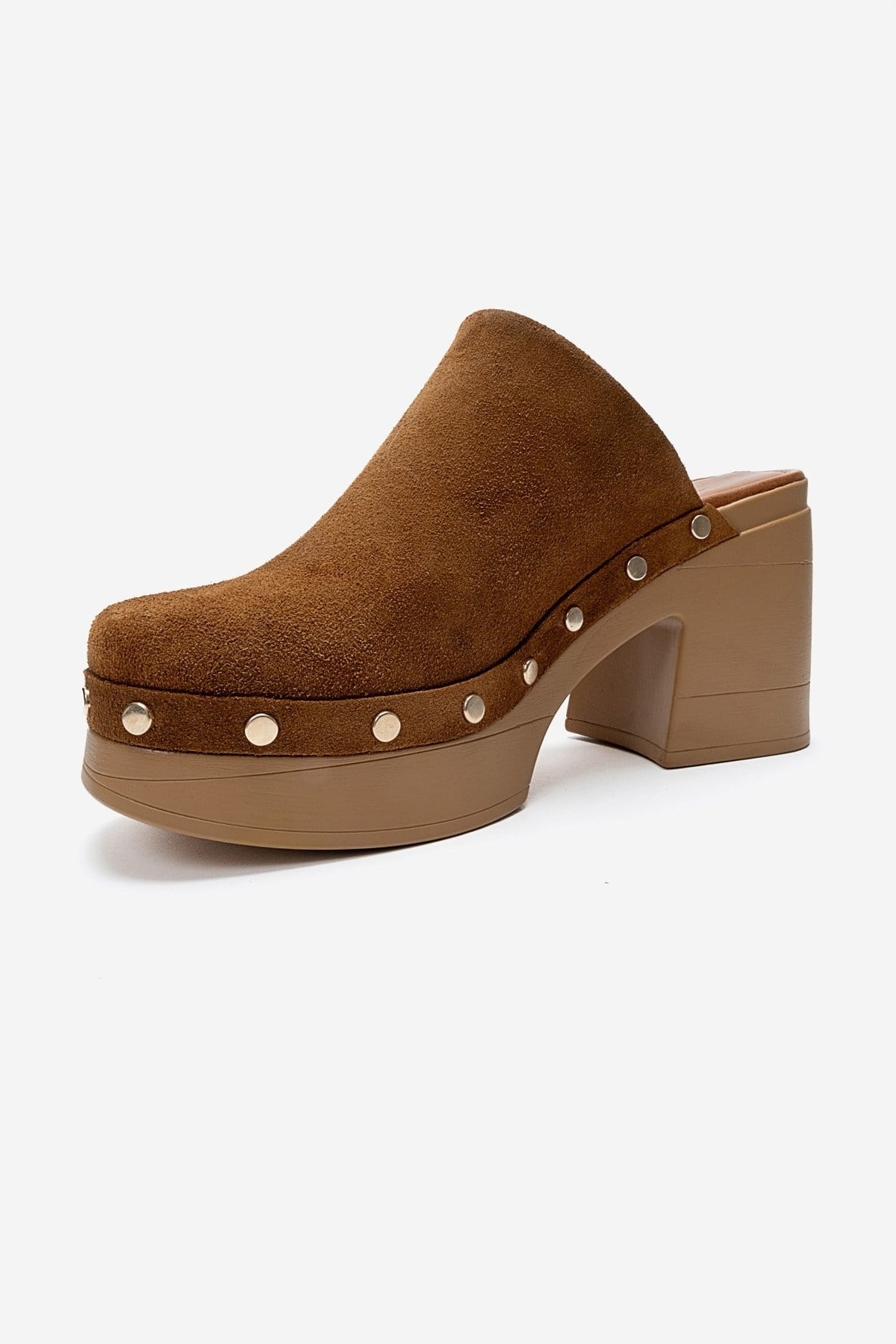 BELLUNE - Camel Genuine Leather Platform Block Heel Mule – top view showing leather, suede, Vowalisse