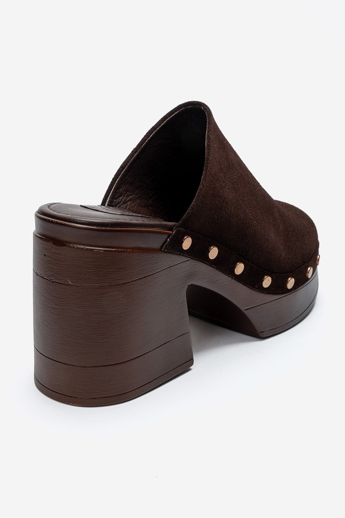 BELLUNE - Brown Genuine Leather Platform Block Heel Mule – back view showing leather, suede, Vowalisse