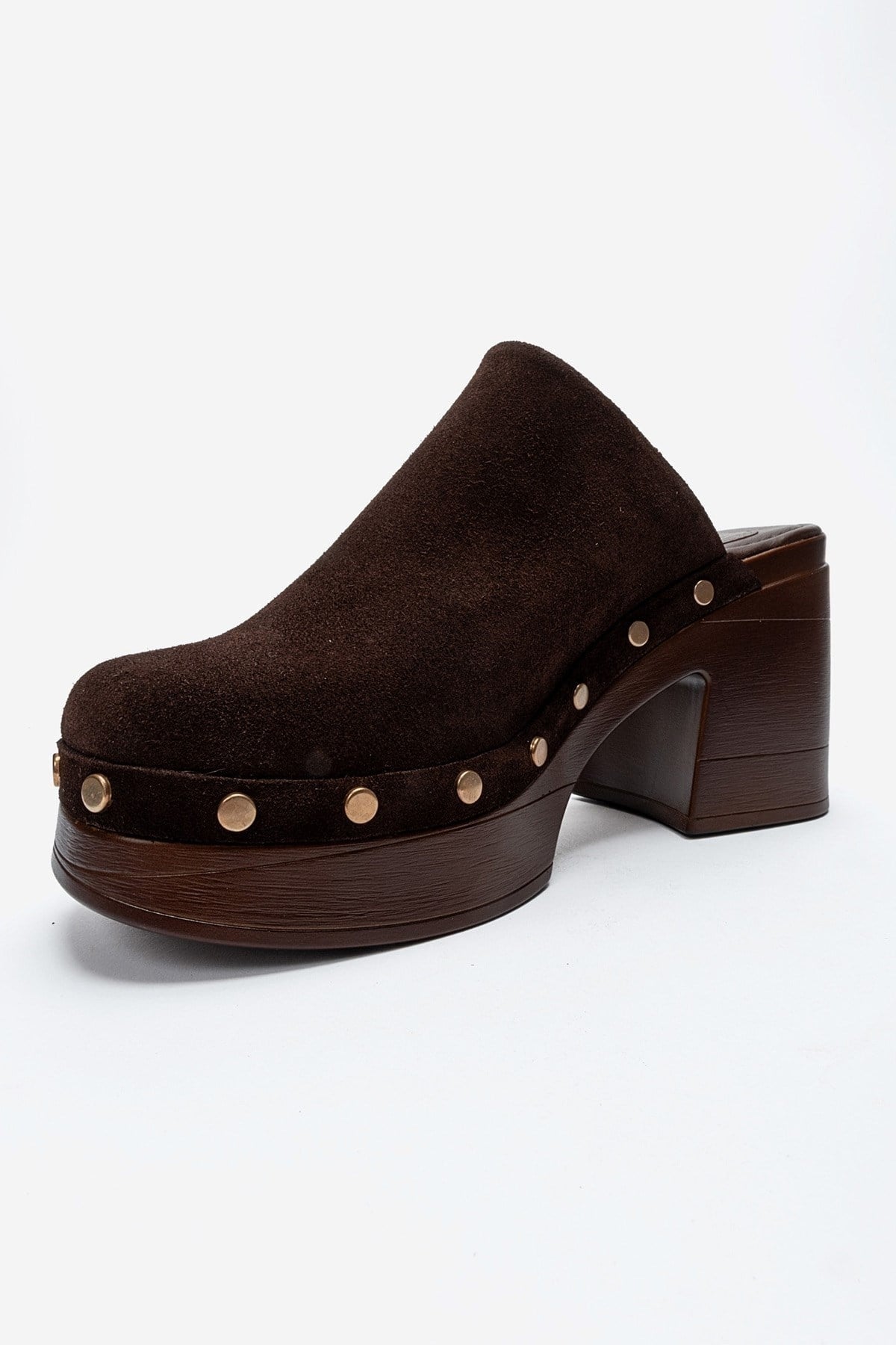 BELLUNE - Brown Genuine Leather Platform Block Heel Mule – top view showing leather, suede, Vowalisse