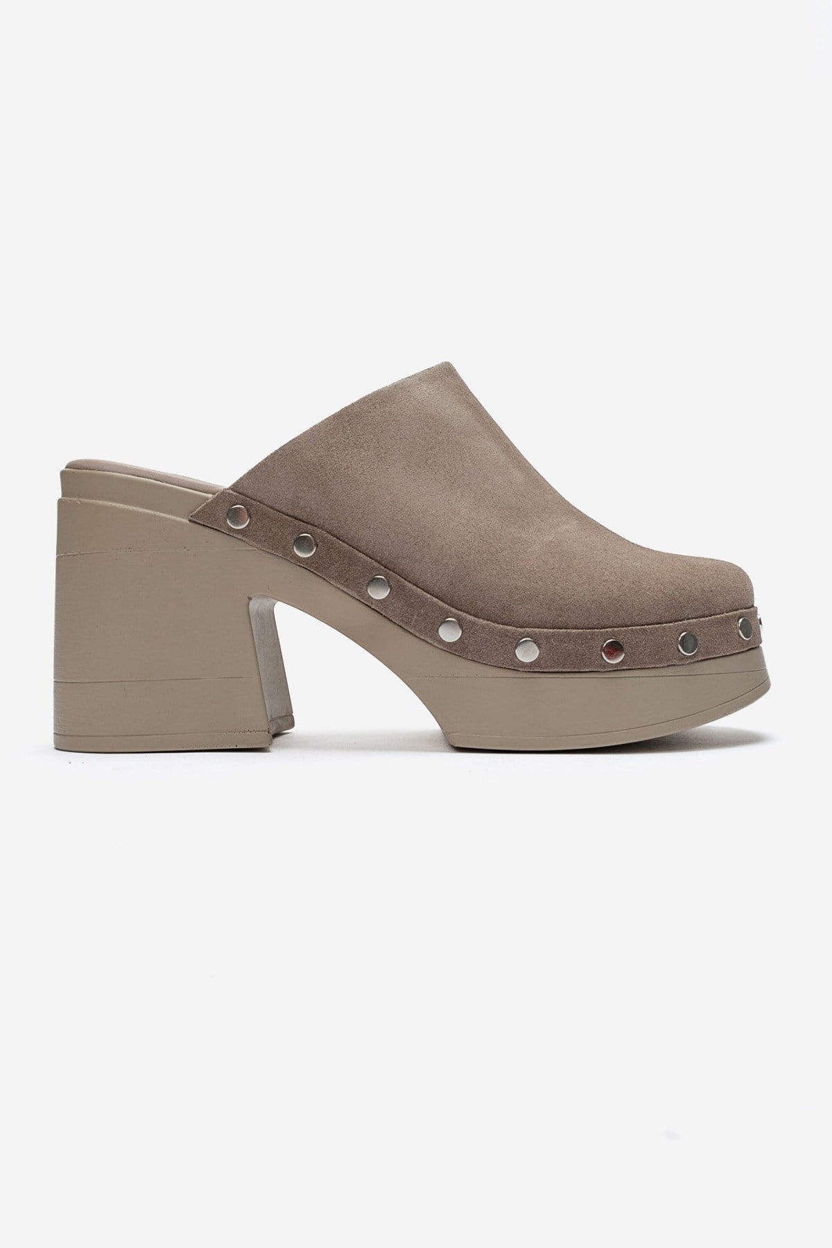 BELLUNE - Taupe Genuine Leather Platform Block Heel Mule – heel view showing leather, suede, Vowalisse