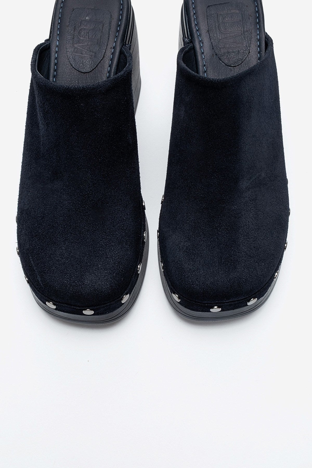 BELLUNE - Navy Genuine Leather Platform Block Heel Mule – side view showing leather, suede, Vowalisse