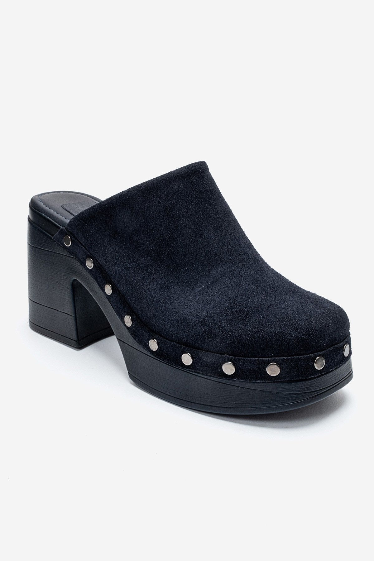 BELLUNE - Navy Genuine Leather Platform Block Heel Mule – detail view showing leather, suede, Vowalisse
