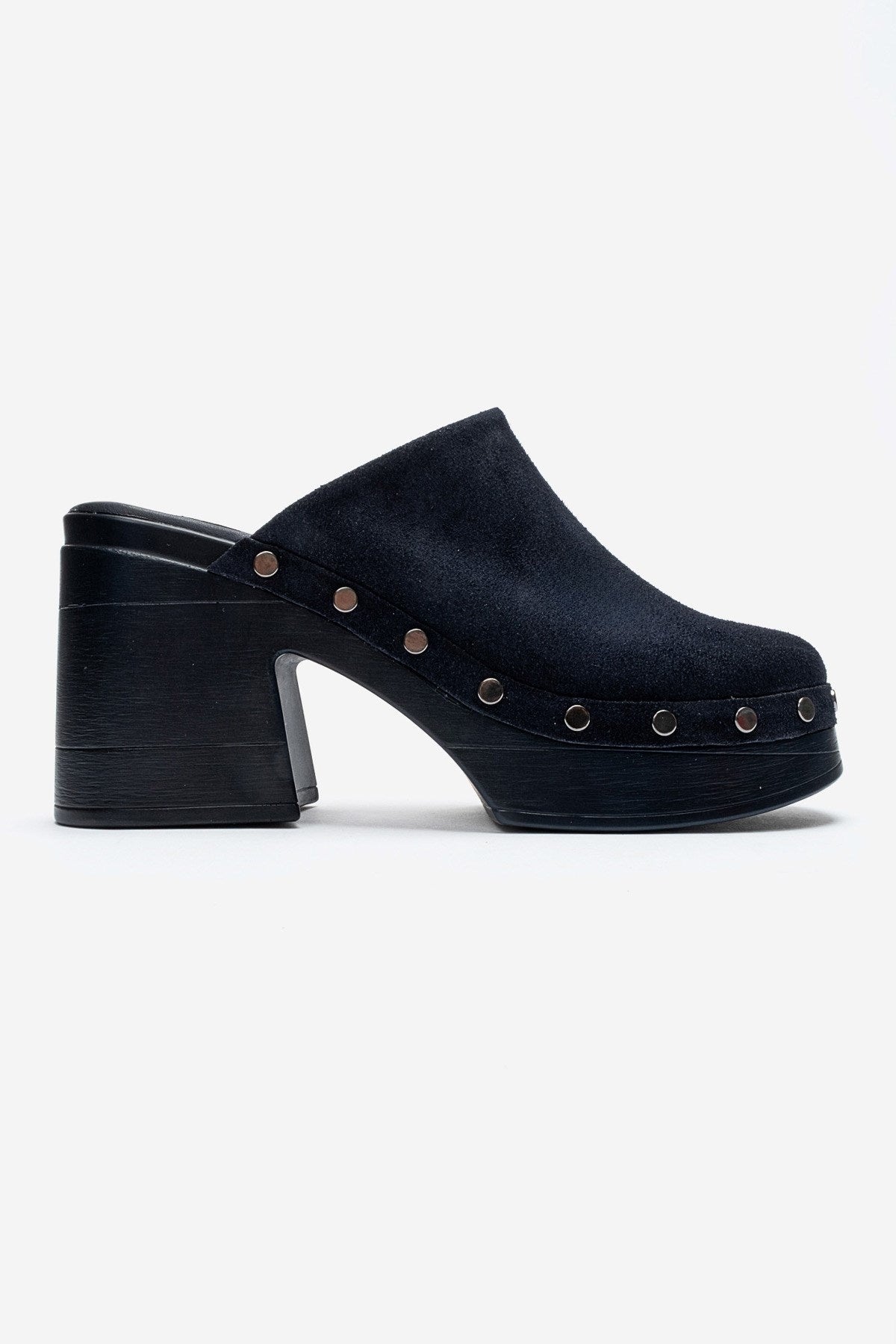 BELLUNE - Navy Genuine Leather Platform Block Heel Mule – heel view showing leather, suede, Vowalisse