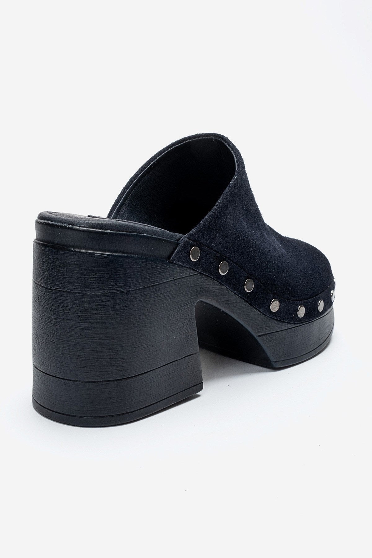 BELLUNE - Navy Genuine Leather Platform Block Heel Mule – back view showing leather, suede, Vowalisse