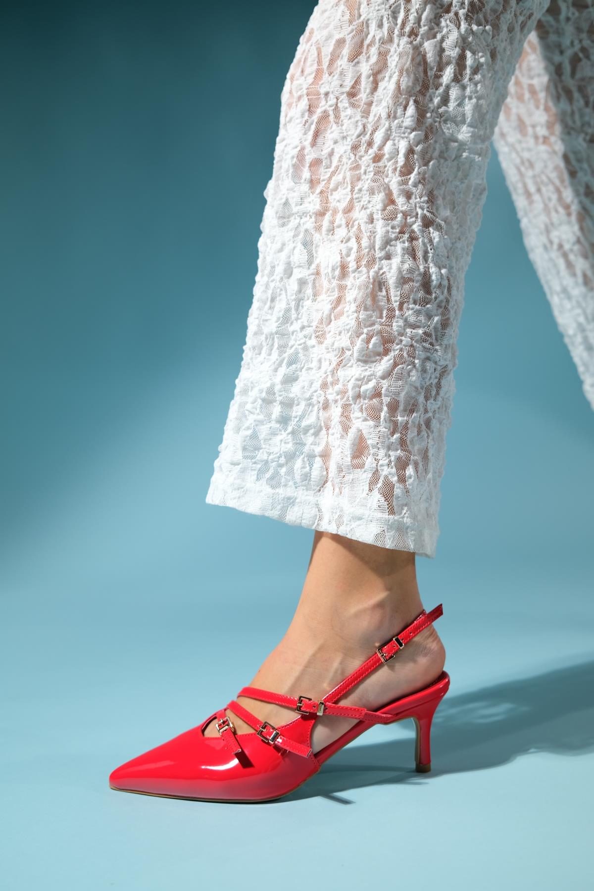 Magra Red Patent Pointed-Toe Slingback Stiletto – heel view showing leather, red, Vowalisse